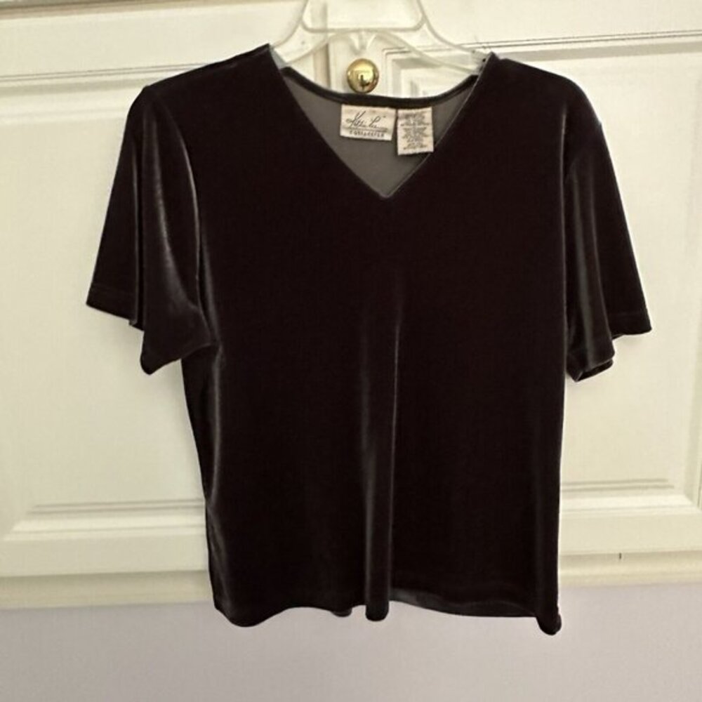 Kathie Lee Collection Womens Velvet Short Sleeve V Neck Top Gray Plus‎ Size